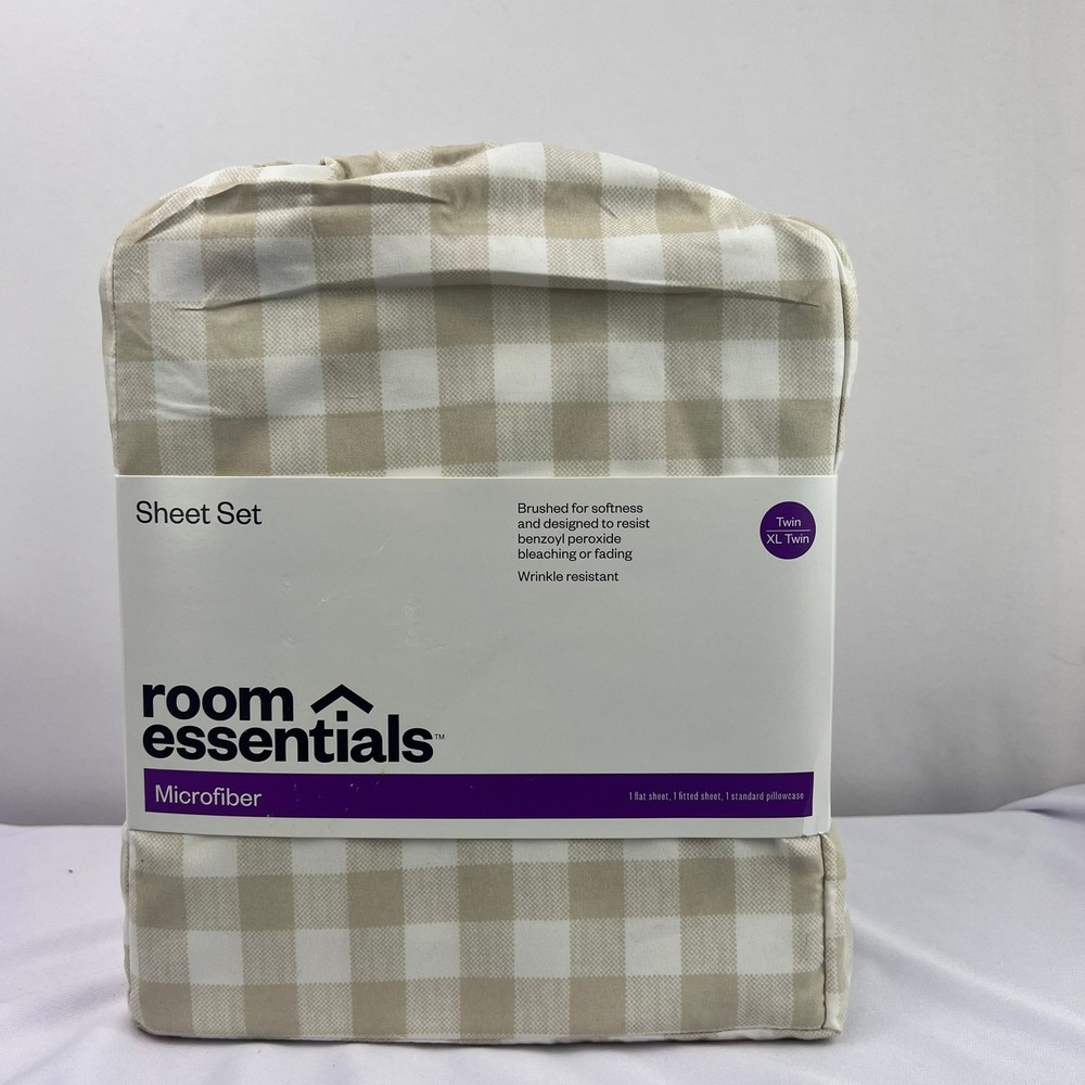 Room Essentials Twin XL Microfiber Sheet Set Tan White Gingham Check 3pc New